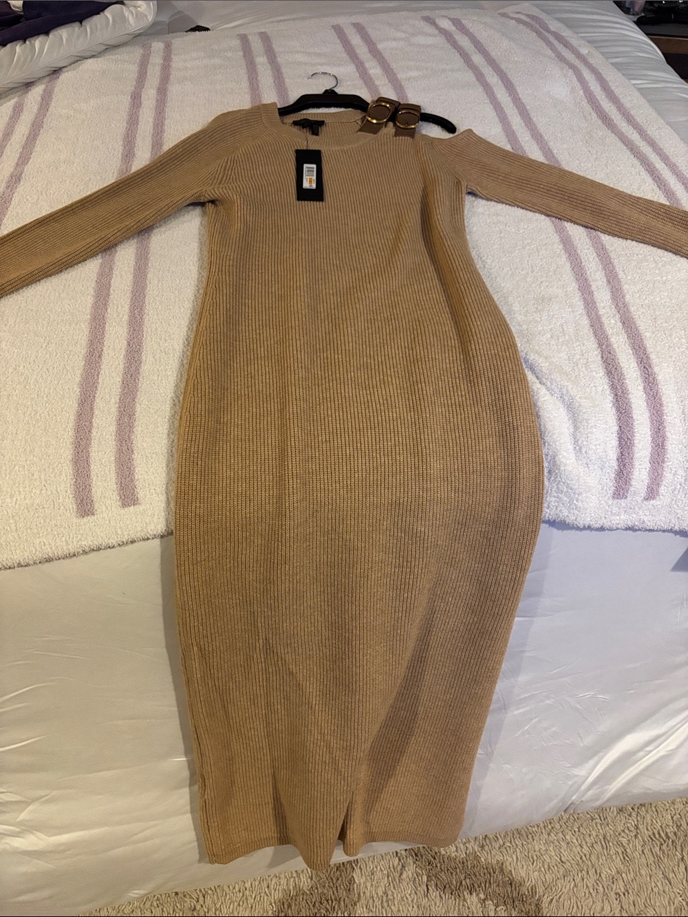 Ribbed Long Sleeve Knit Midi Dress - Camel